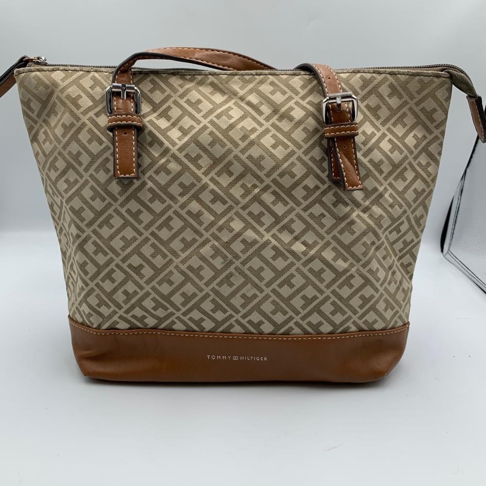 Tommy Hilfiger Handbag Womens Beige Brown Leather Trim Inner Pockets Tote Bag